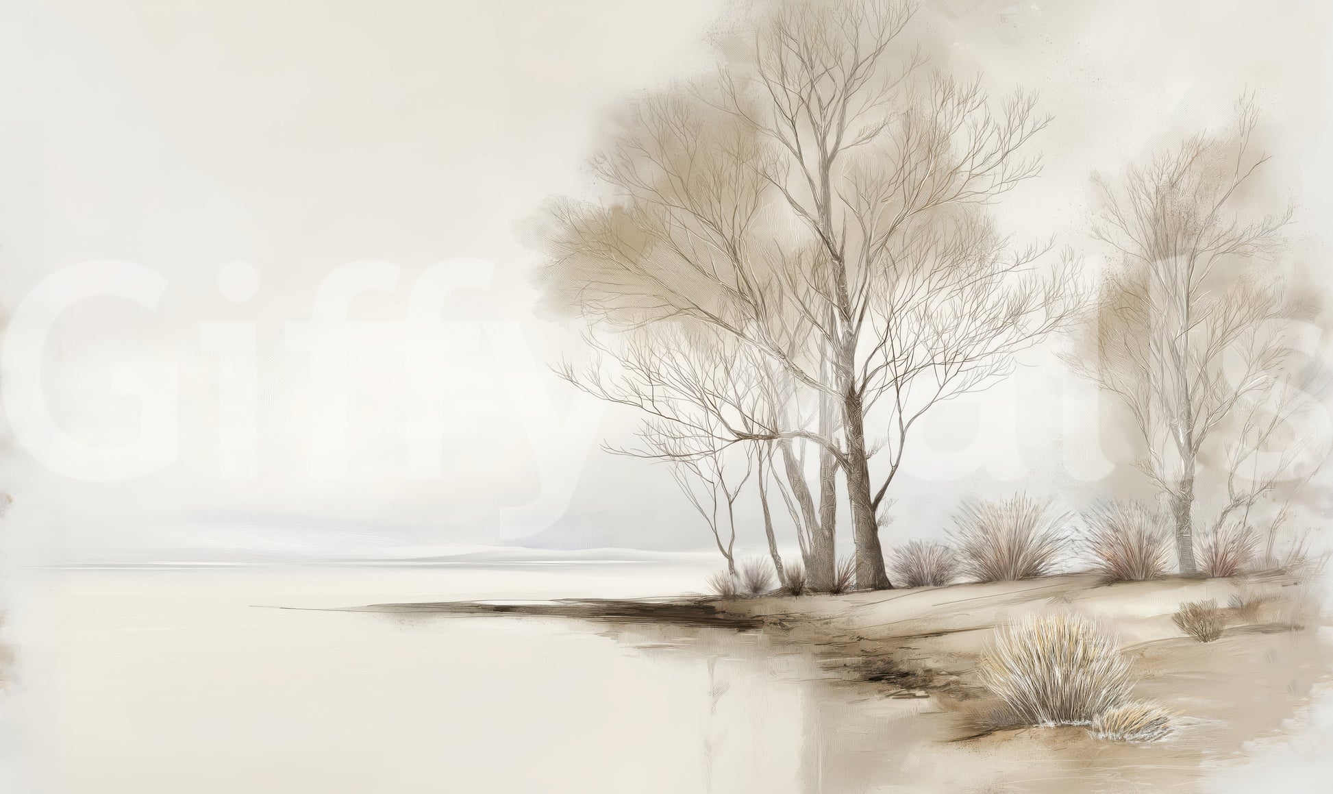 A gentle winter wallpaper showing quiet coastal trees with soft shadows and muted colors.