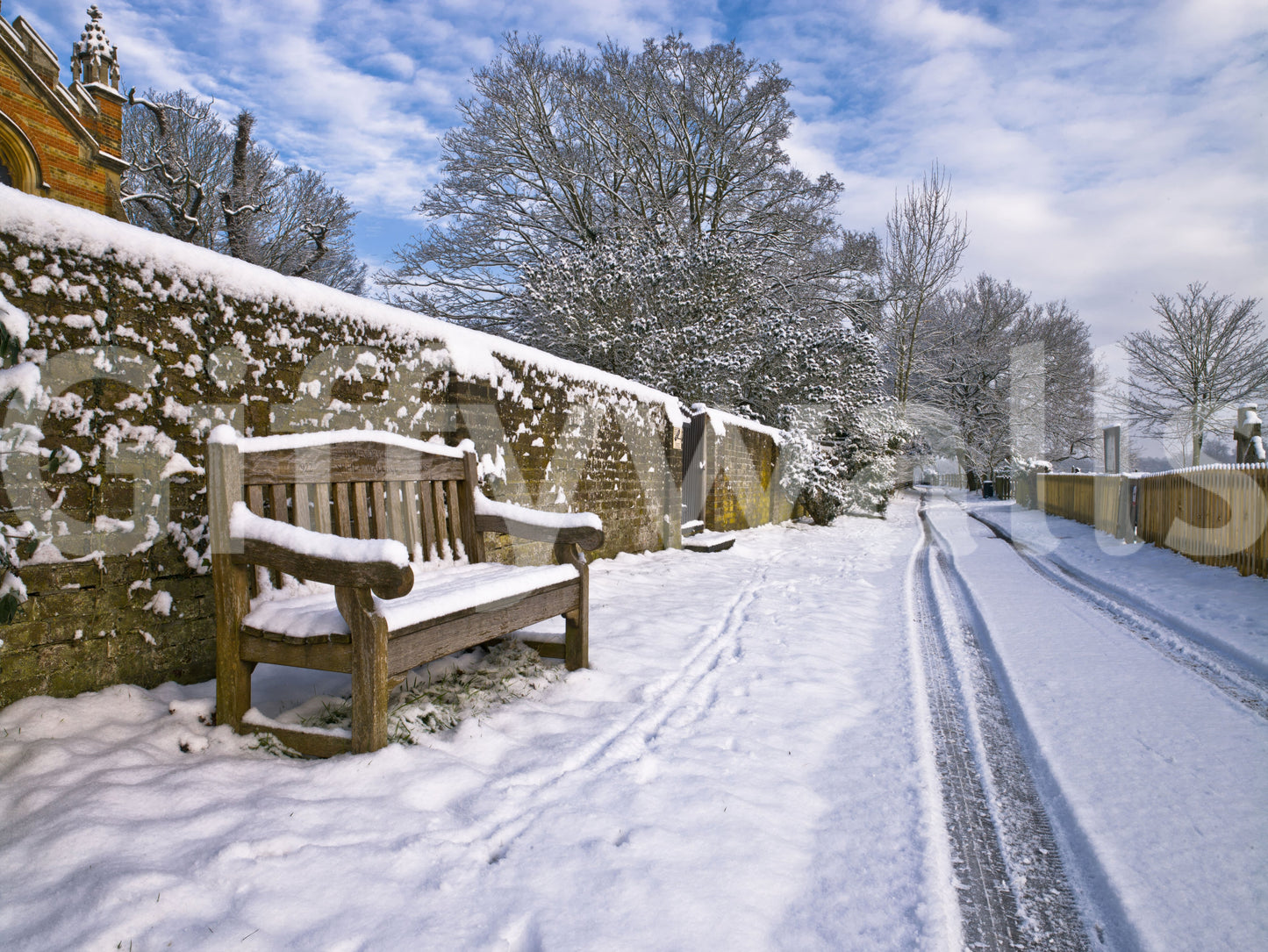 Winter Bench Mural Beautiful frosty weather photo for an atmospheric interior.