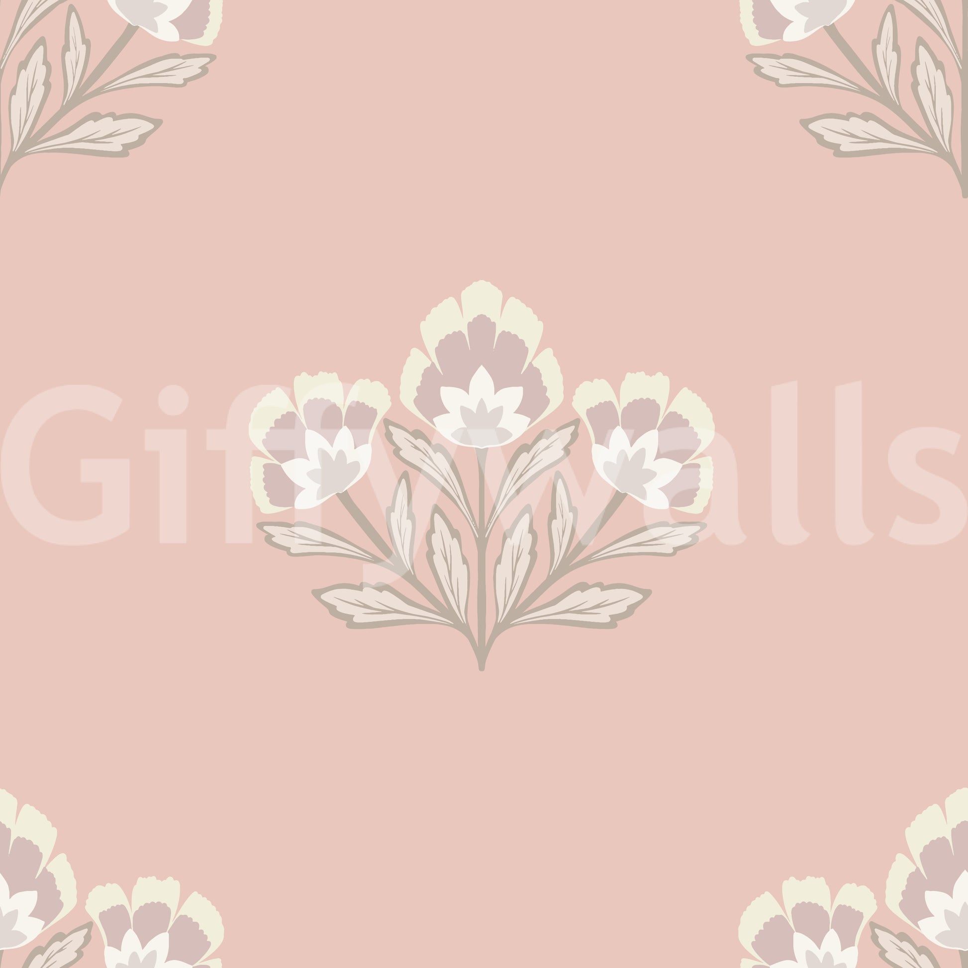 Rosy pink wallpaper, classic flower emblem, harmonious design element repeat.