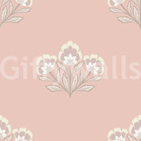 Rosy pink wallpaper, classic flower emblem, harmonious design element repeat.
