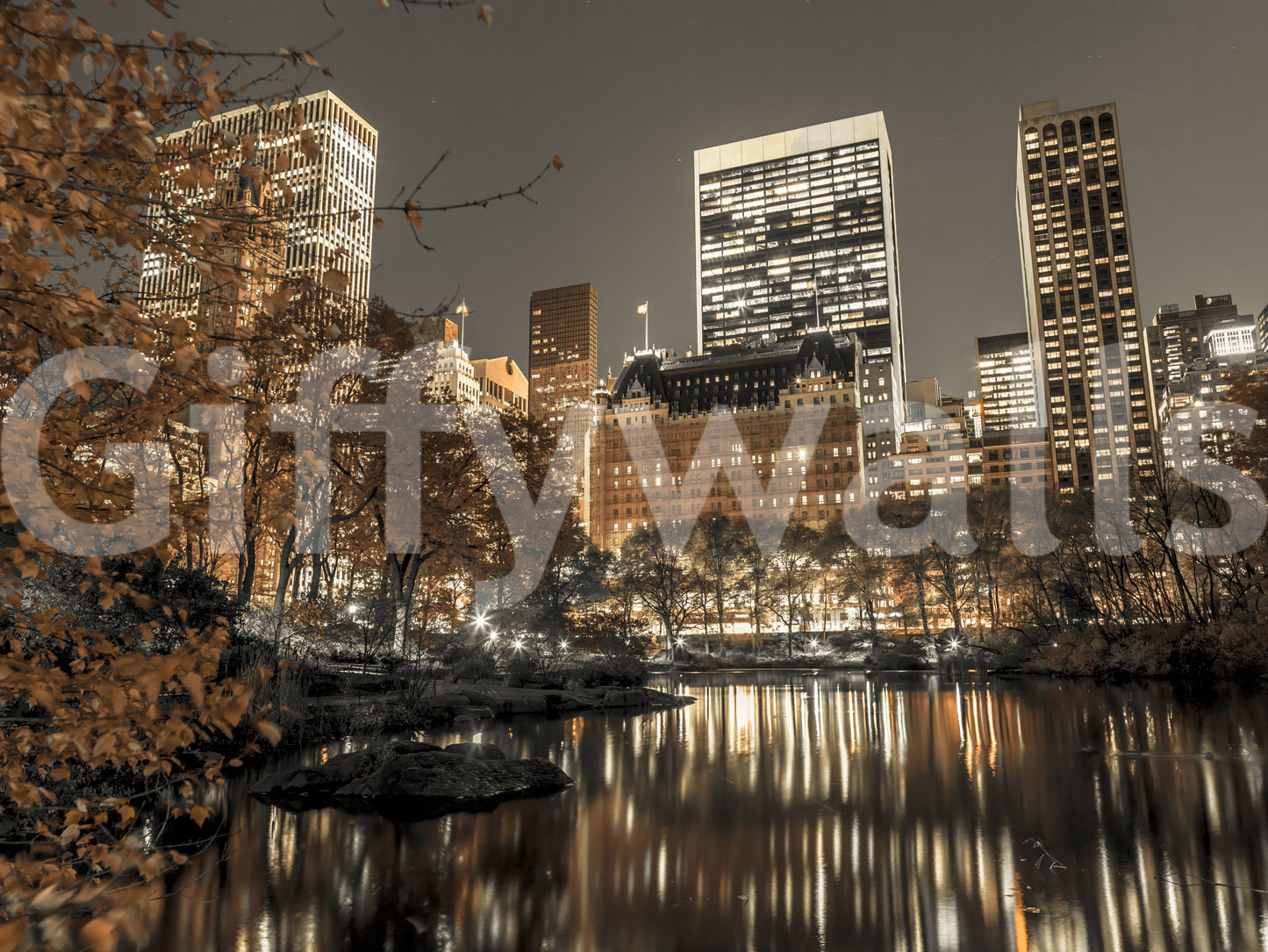 Metropolis at Dusk wallpaper city lights lake mirror autumn.