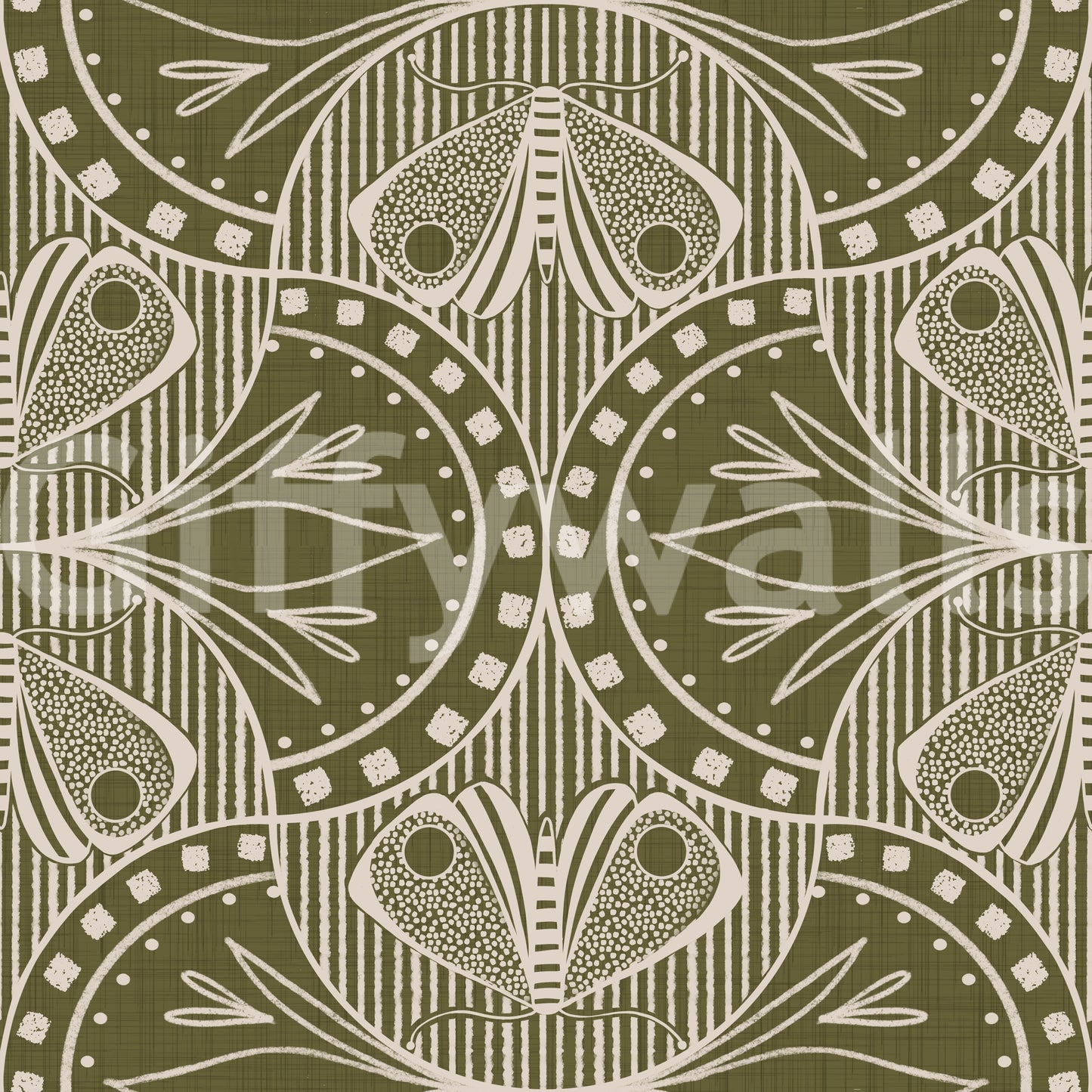 Artistic butterfly and vine wallpaper, curvilinear lines, striking sage hue.