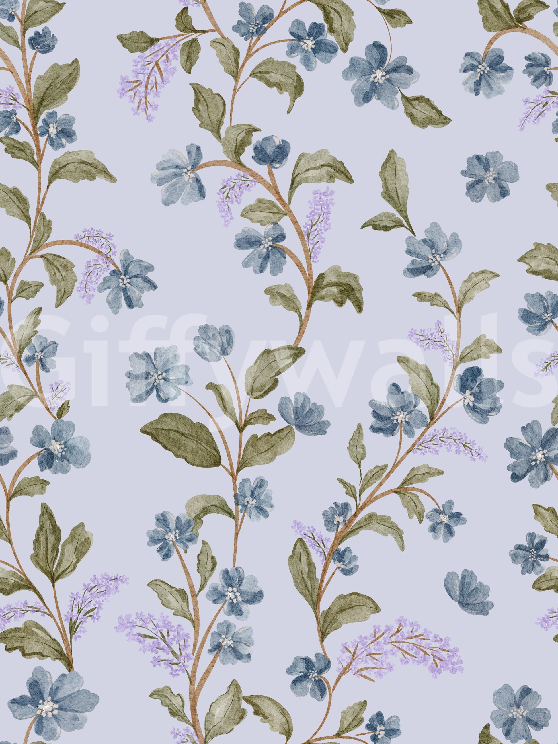 Whimsical field flowers Blue Blossom Trail custom wallpaper intricate vine scroll