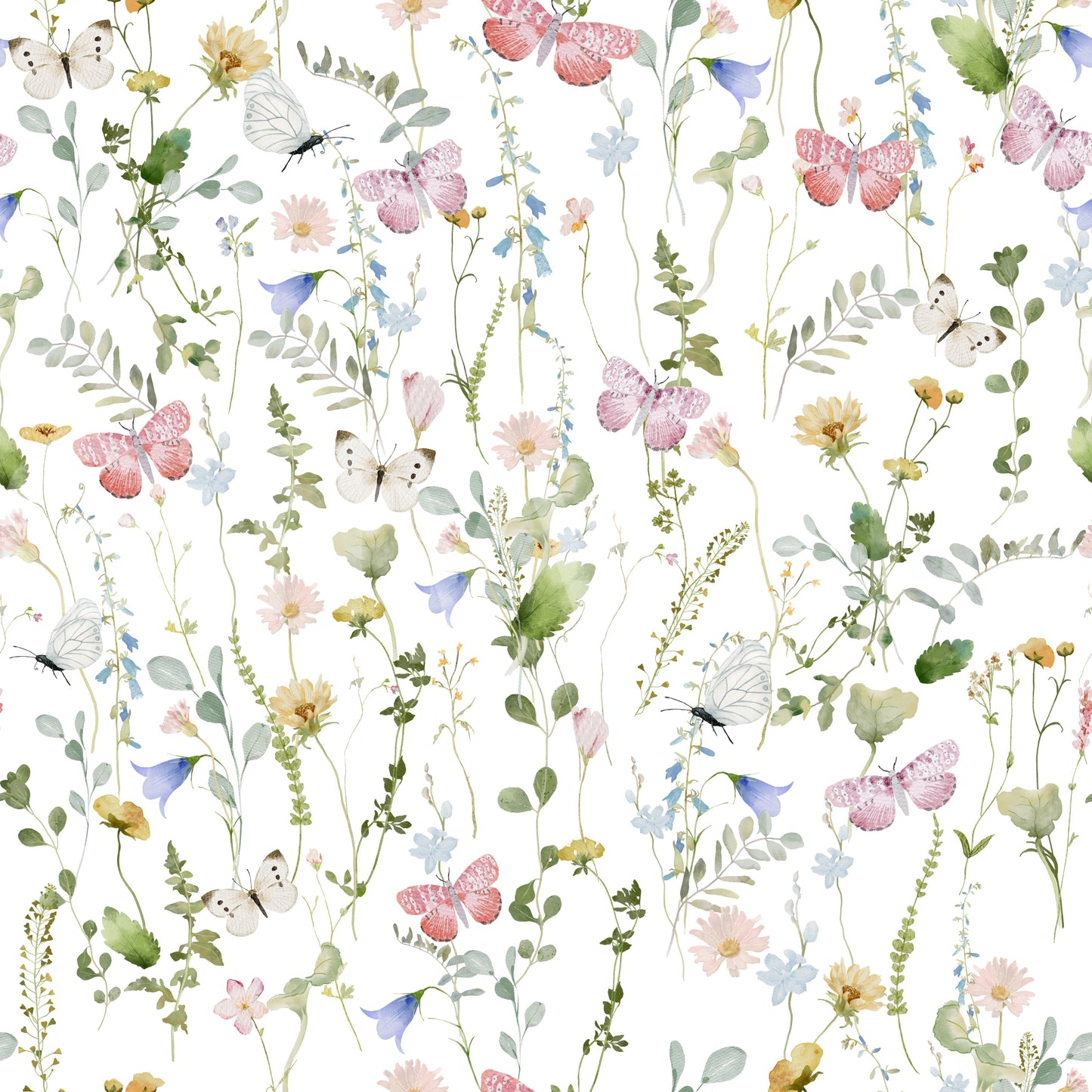 Soft pastel wall mural, featuring blooming meadow plants and delicate butterflies.