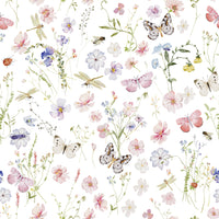 Lovely nursery mural: Wildflowers Meadow with detailed watercolor butterflies and blooms.