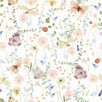 Soft, rustic wallpaper for walls texture with floating insects and lovely spring blossoms pattern.