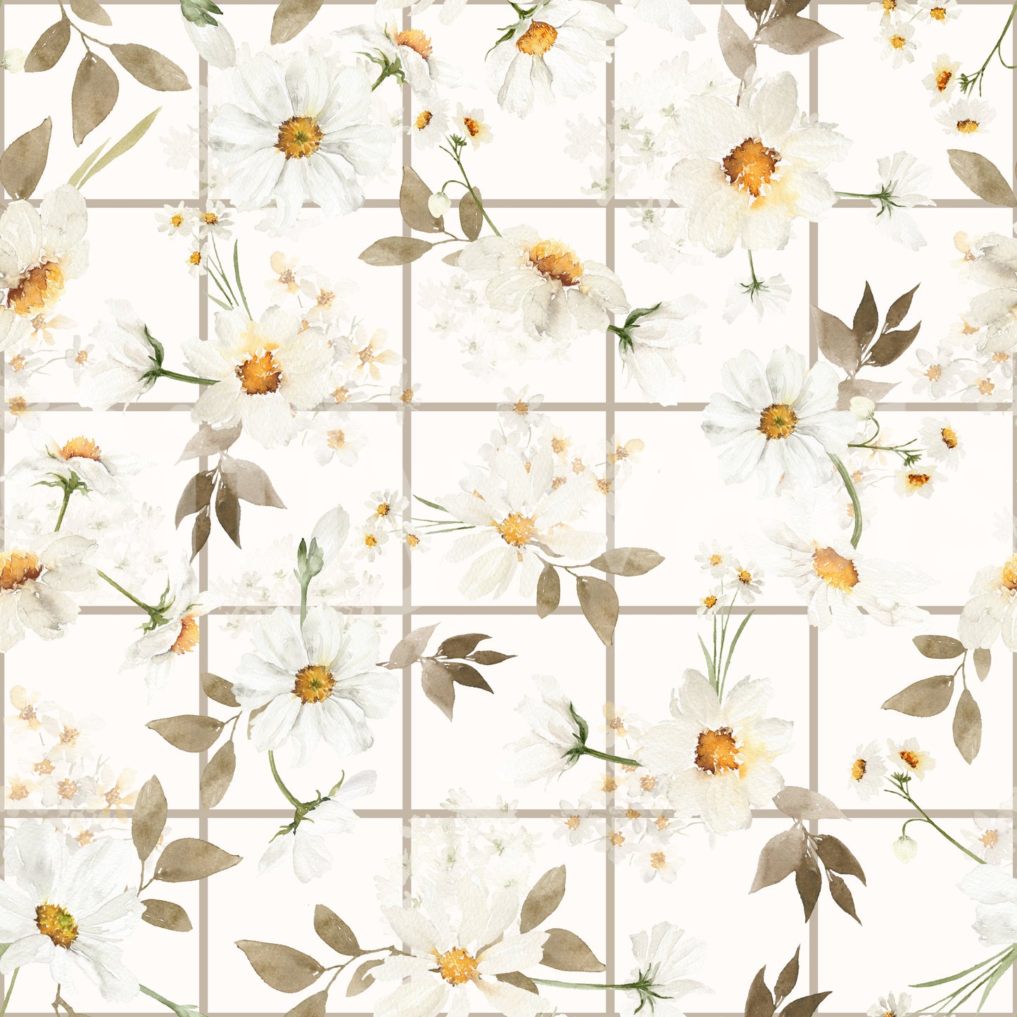 Gentle white Daisy Window Panes botanical wallpaper