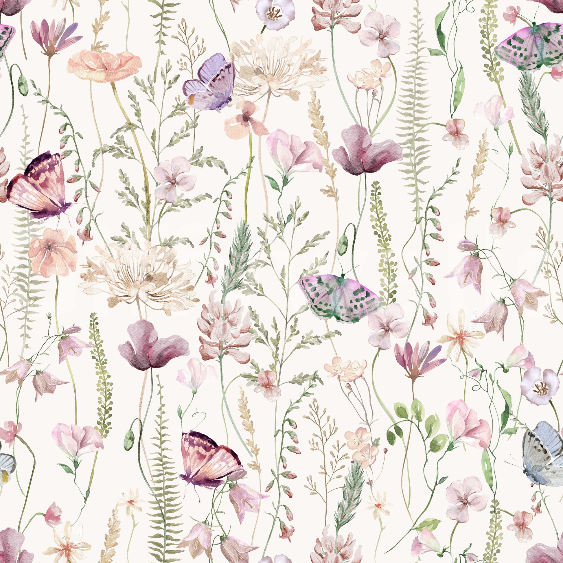 Blush Butterfly Meadow elegant botanical wallpaper mural drawing.