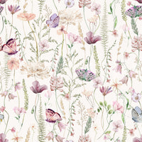 Blush Butterfly Meadow elegant botanical wallpaper mural drawing.