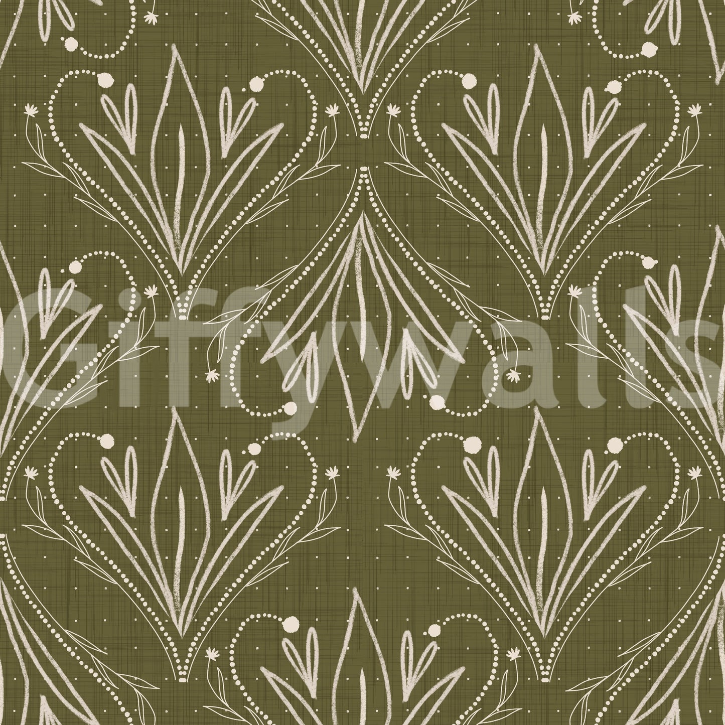 Boho Art Nouveau Folk Floral Olive Green Wallpaper – Hand Drawn Wallpaper⁠