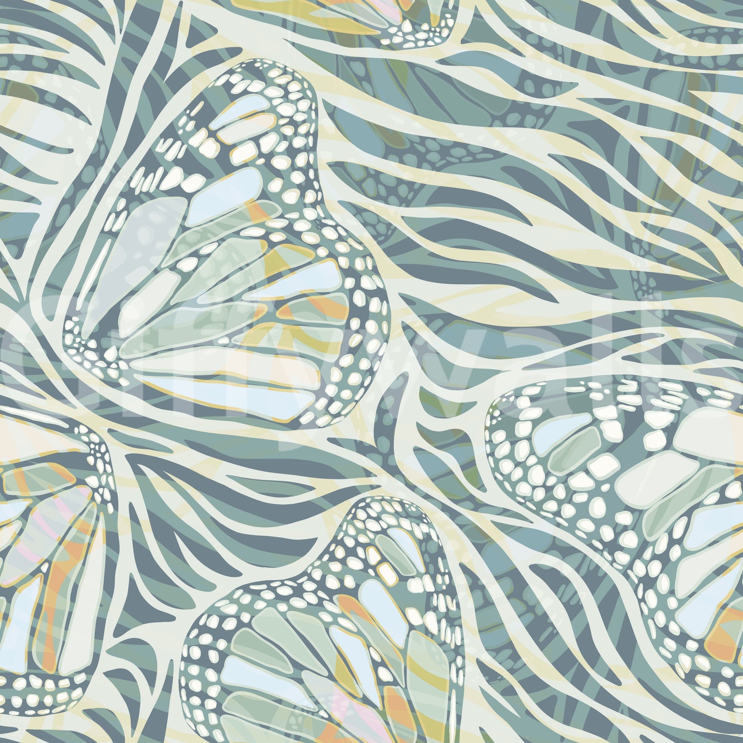 Zebra Butterfly Bloom • Maximalist Boho in Green Pastels Wallpaper⁠