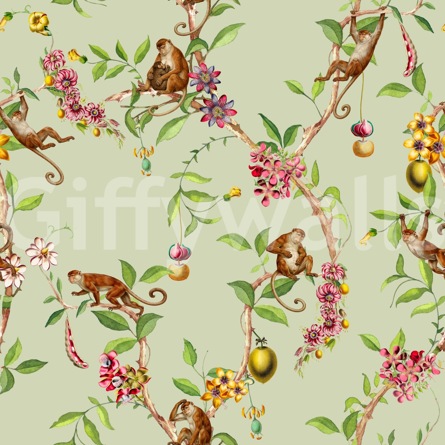 Whimsical Playing Monkeys Family Vintage Exotic Garden green Wallpaper⁠