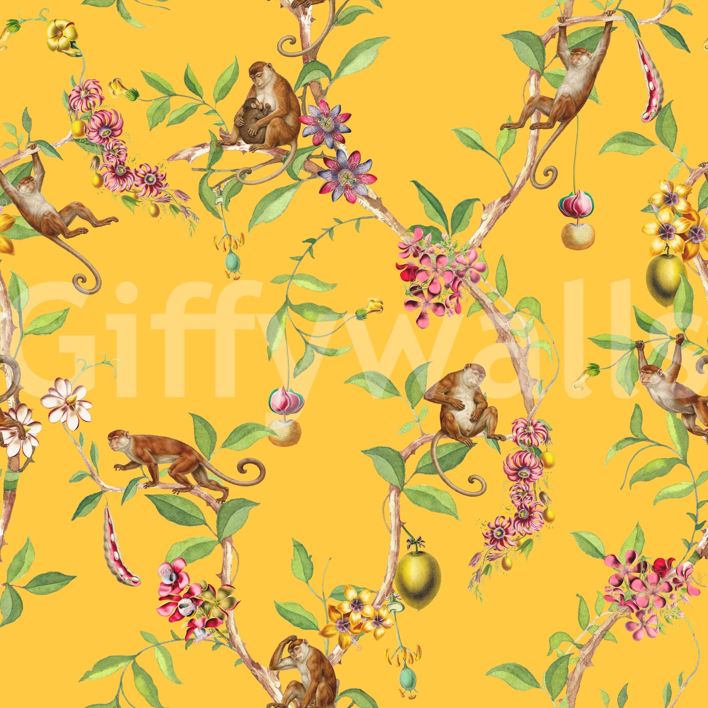 Whimsical Playing Monkeys Family Vintage Exotic Garden yellow Wallpaper⁠