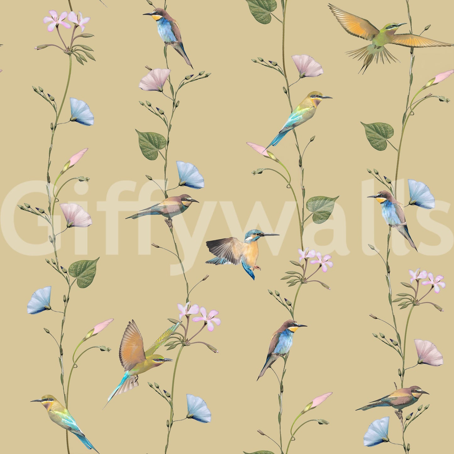 Pastel Songbirds on Beige Wallpaper⁠