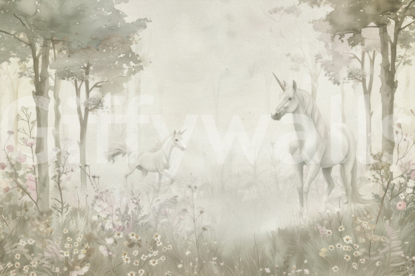 Unicorns in a Magical Dreamy Forest –  Sage Wall Mural
