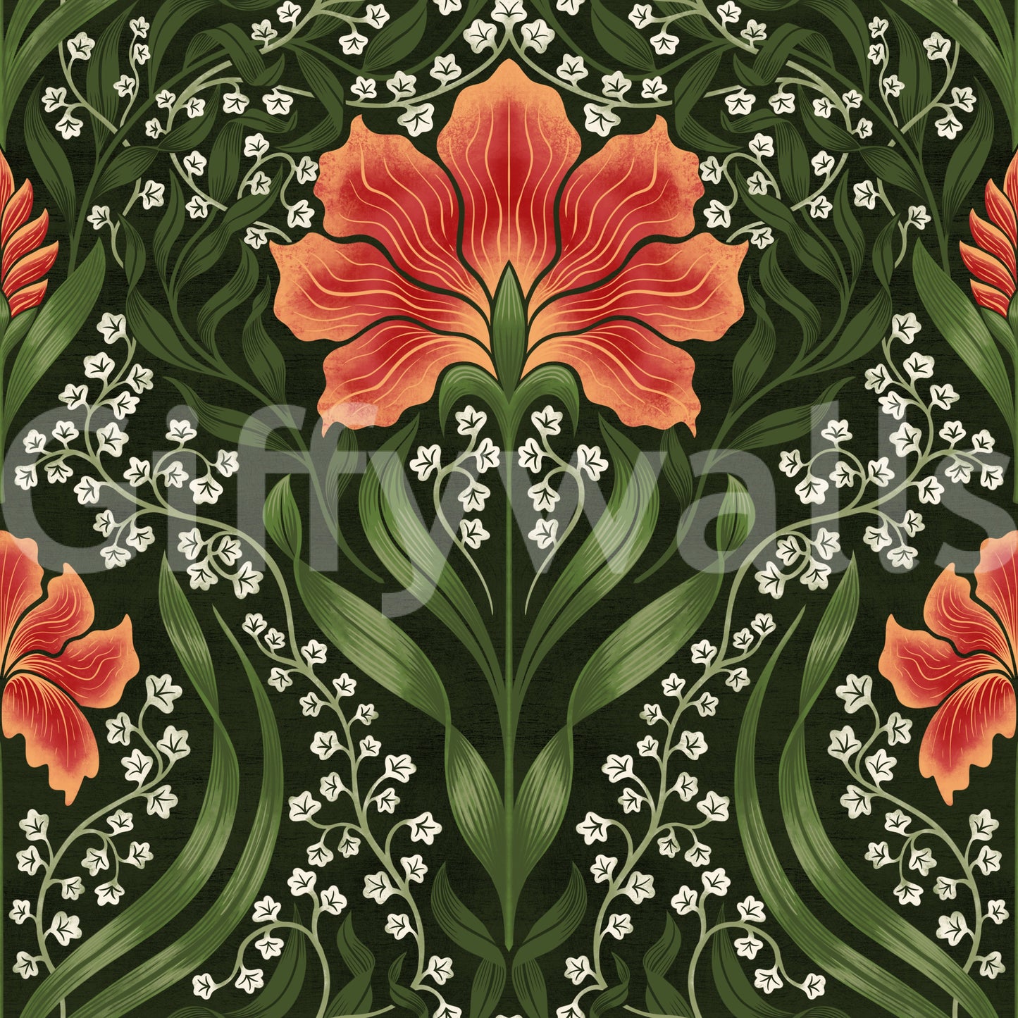 Intricate floral damask - red Wallpaper⁠