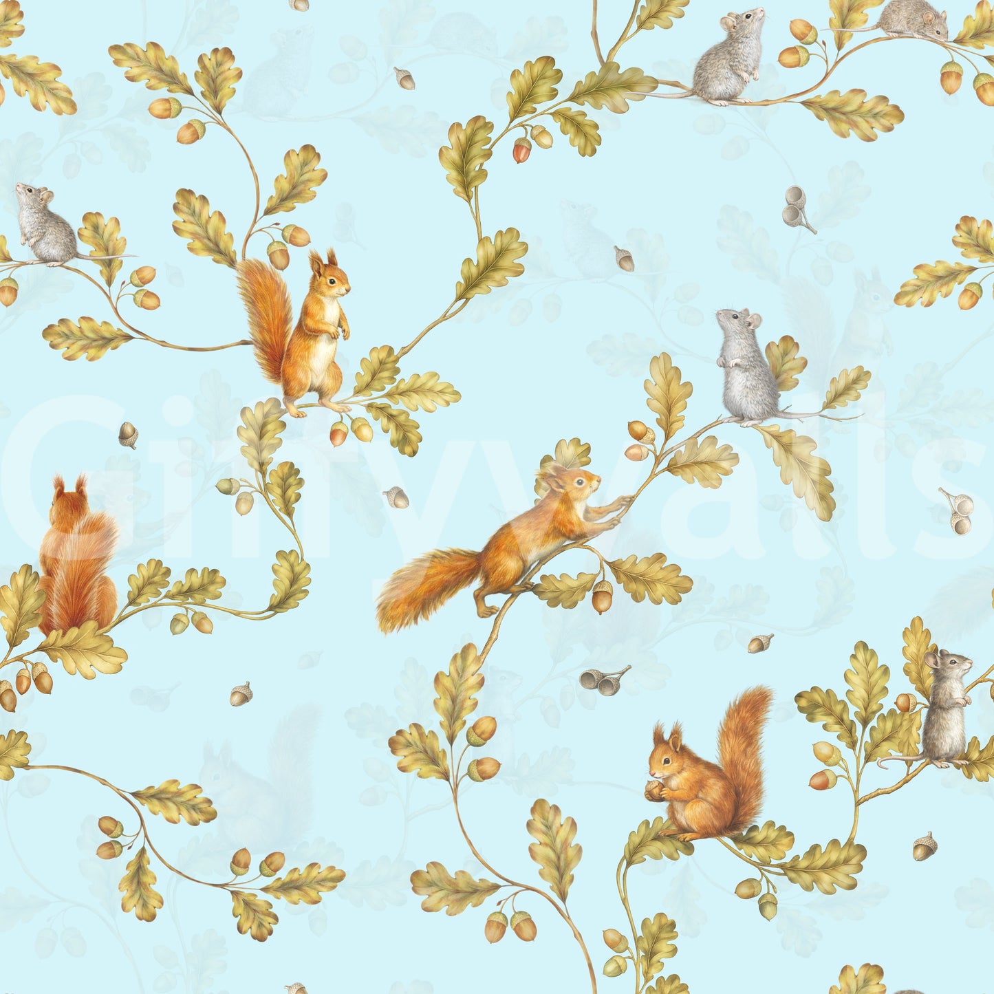 18th Rococo Forest Chinoiserie with Squirrels and Mice on Oak Tree Branches Blue Wallpaper⁠