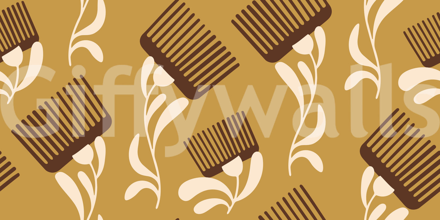 Mid Mod Wildflower Comb - Beige Ocher  Wallpaper⁠