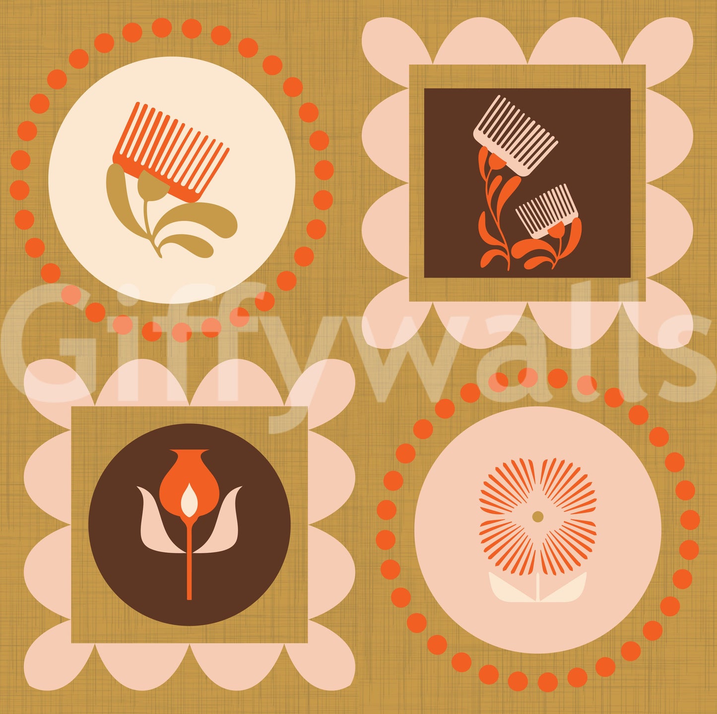 Mid Mod Wildflower Frames - Botanical Collage Cream Terracotta  Wallpaper⁠