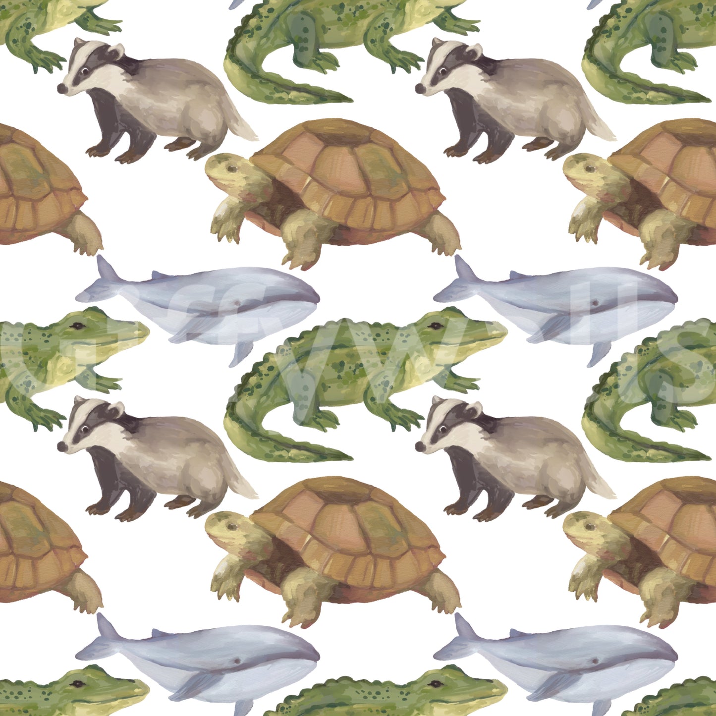 Watercolor Animals Tortoise Crocodile Whale themed kids room Wallpaper⁠