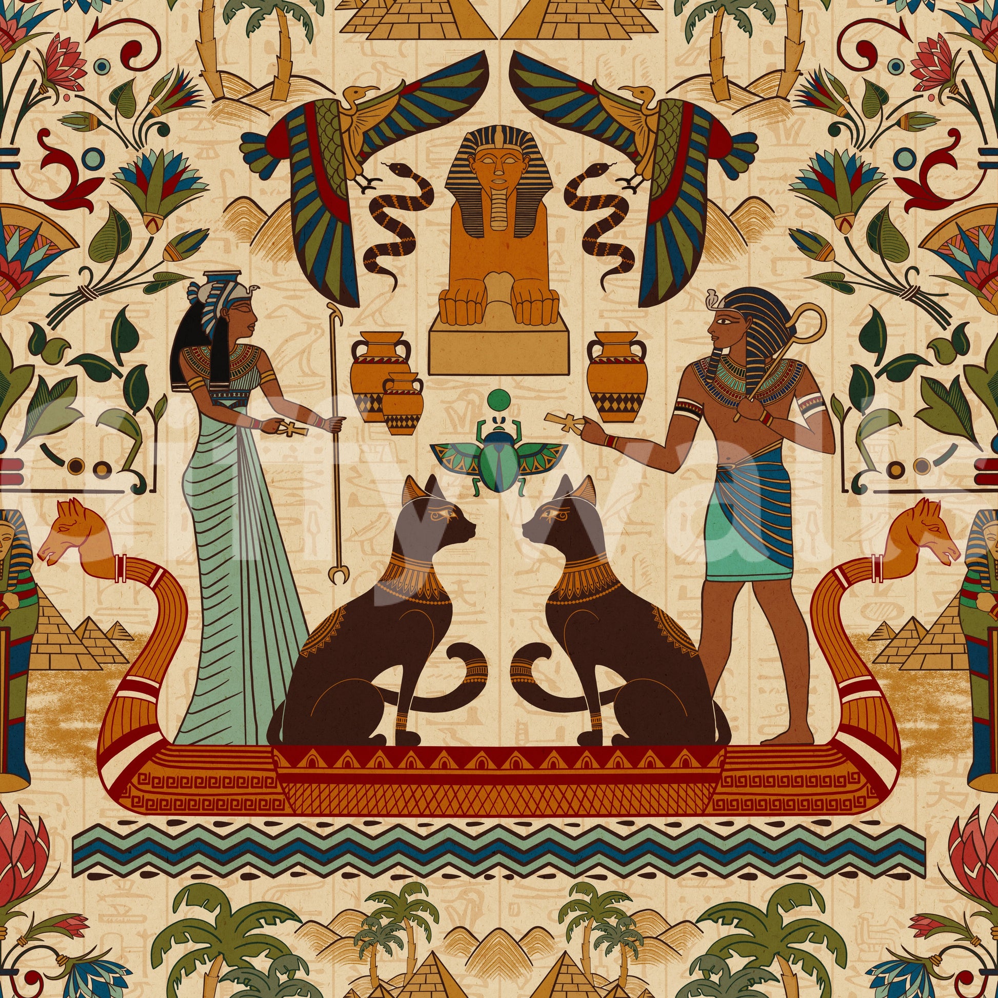 Ancient Echoes wall mural with women, vases, and tropical plants.