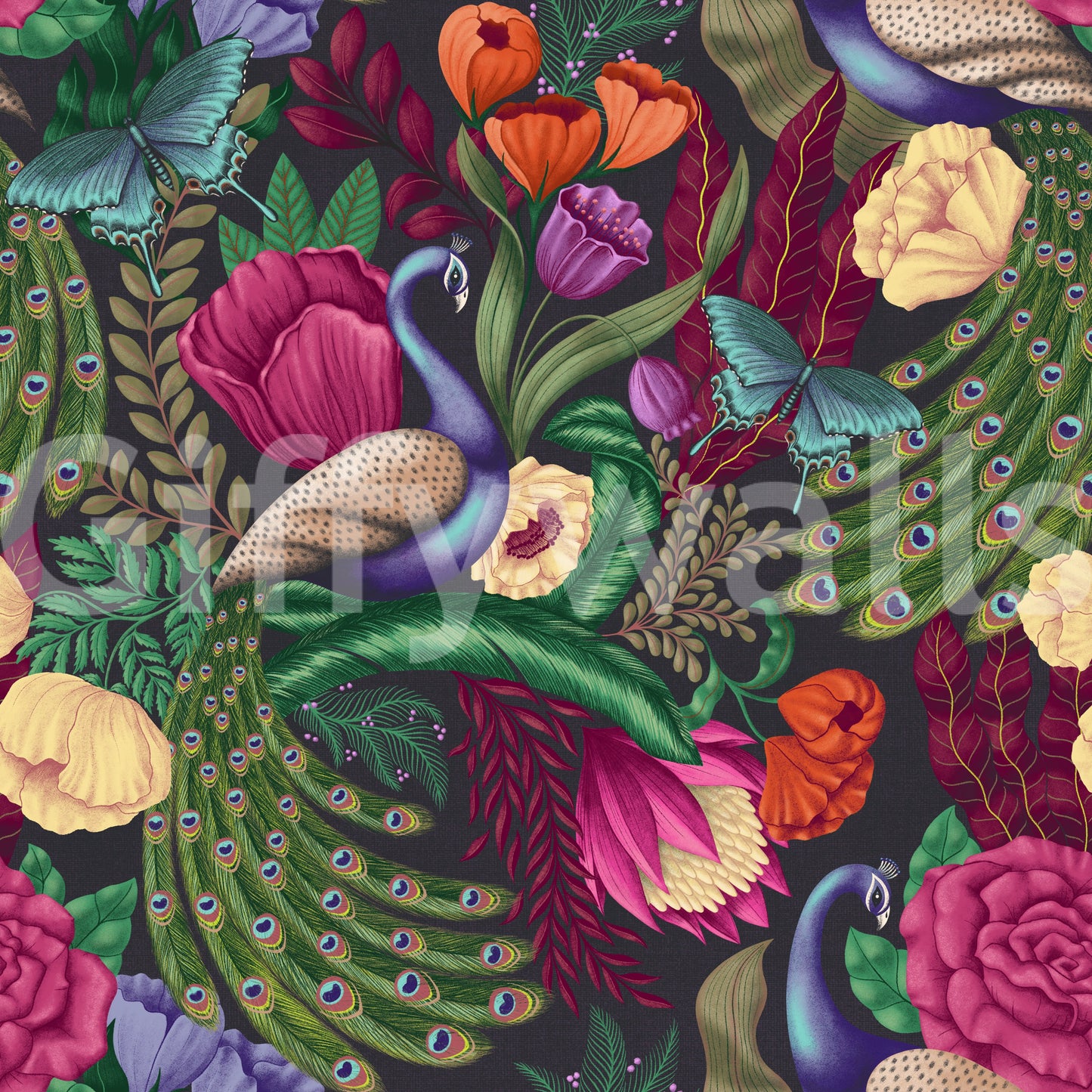 Maximalist Peacock Fantasy Garden -  Charcoal Black Wallpaper⁠