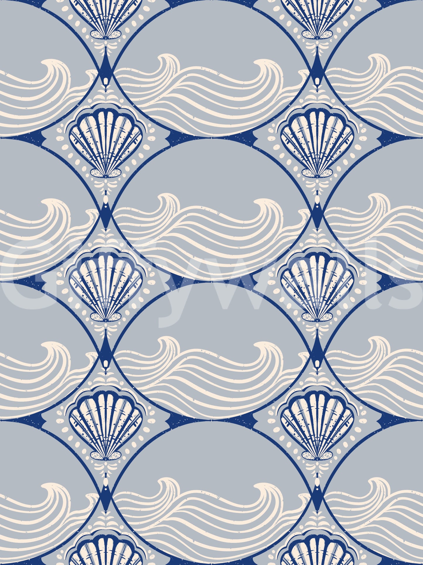 Art Deco Ocean Shells wallpaper with wave lines and shell pattern design