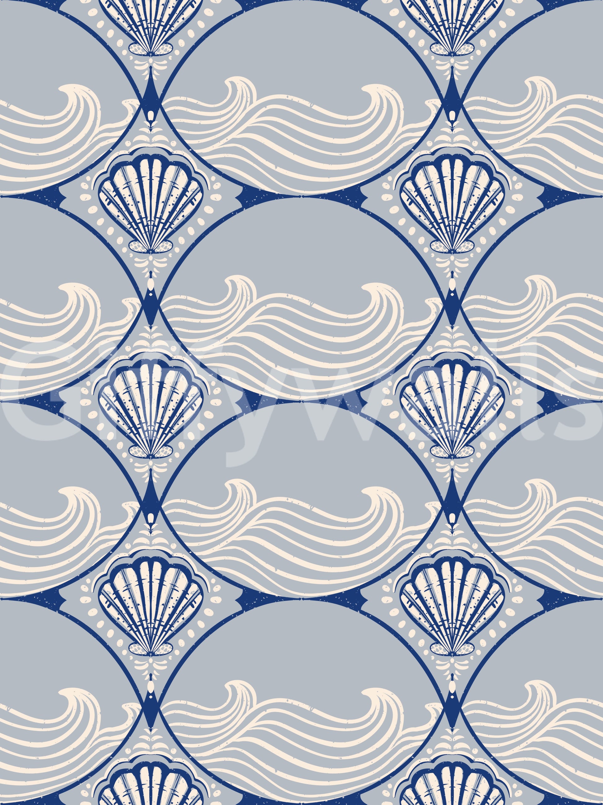 Art Deco Ocean Shells wallpaper with wave lines and shell pattern design