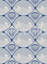 Art Deco Ocean Shells wallpaper with wave lines and shell pattern design
