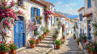 Cobalt & Bougainvillea Dreams wall mural with blue doors and pink blooms