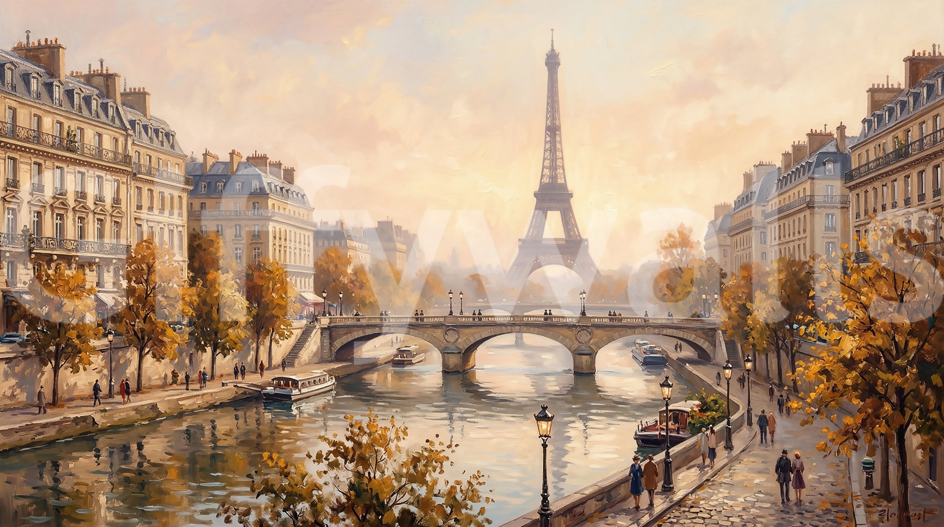 Parisian Autumn Glow wall mural with Eiffel Tower and golden river light