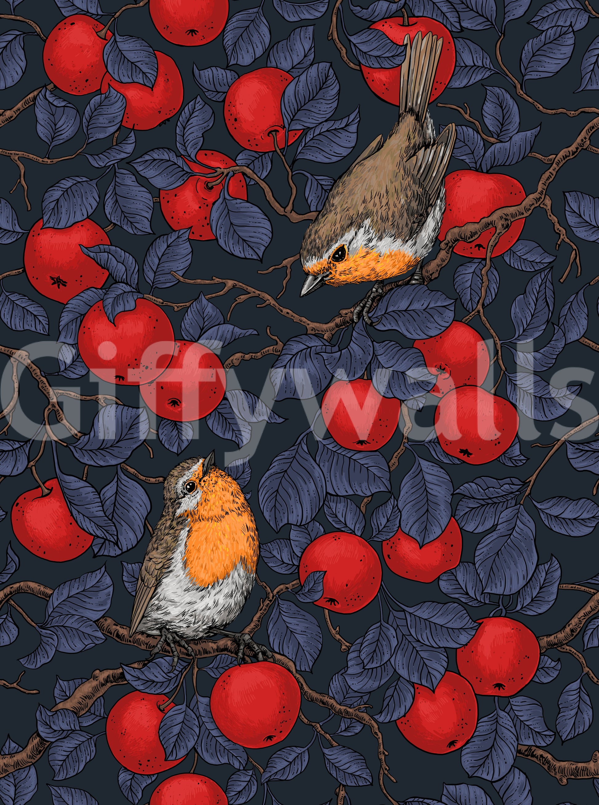 Blue and red bird wallpaper with robin and apple branch pattern
