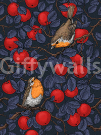 Blue and red bird wallpaper with robin and apple branch pattern