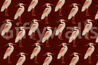 Burgundy heron wall mural with cream birds and subtle butterfly silhouettes