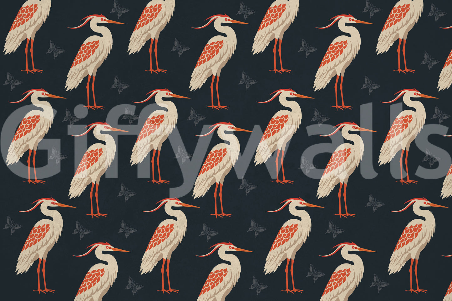 Navy heron wall mural with cream birds and faint butterfly silhouettes 