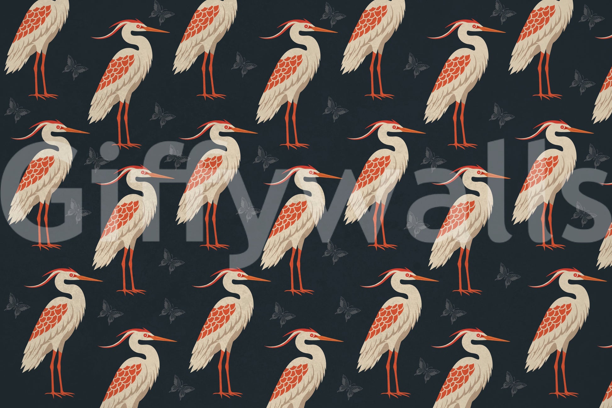 Navy heron wall mural with cream birds and faint butterfly silhouettes 