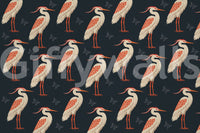 Navy heron wall mural with cream birds and faint butterfly silhouettes 
