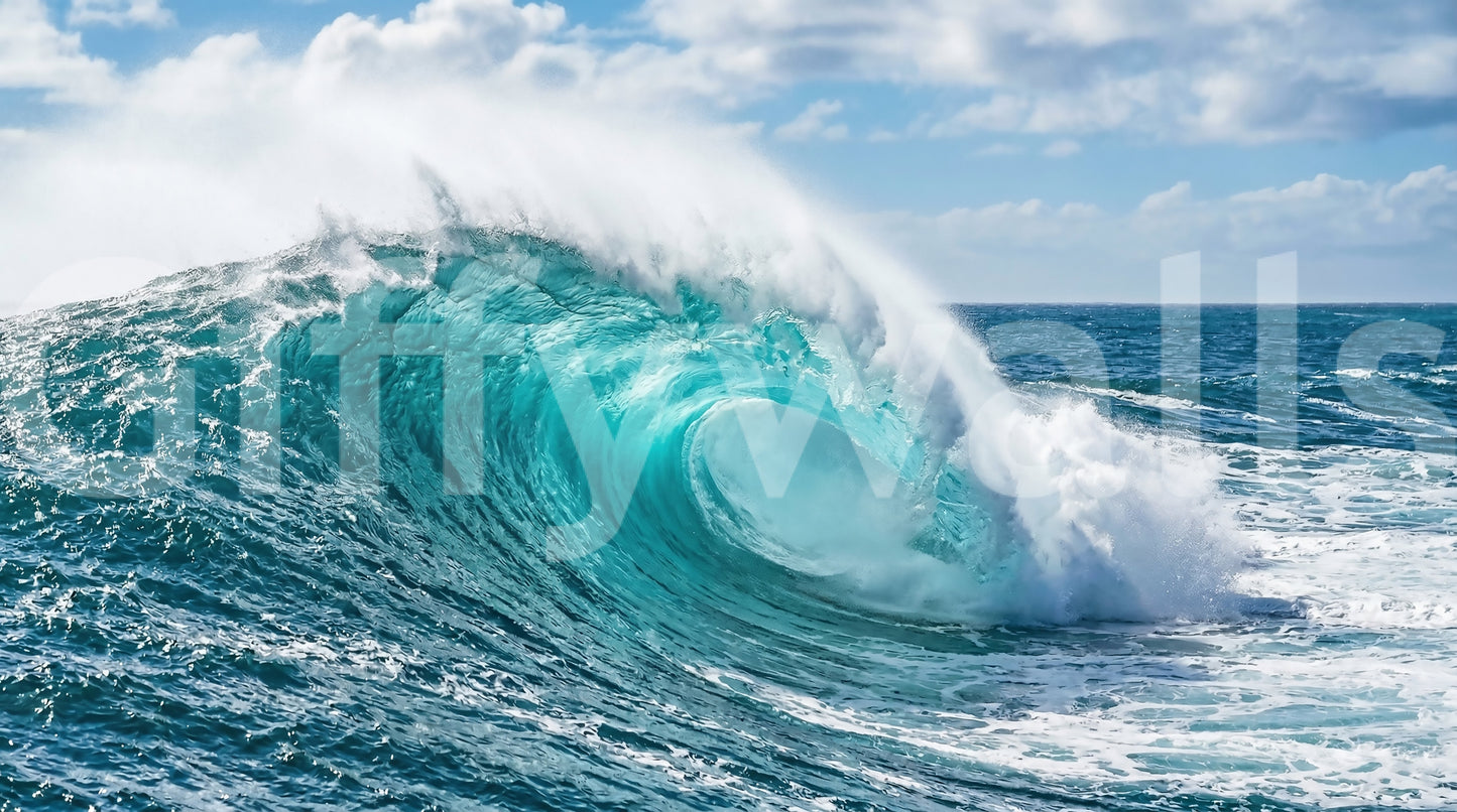 Turquoise wave wall mural with a curling ocean barrel