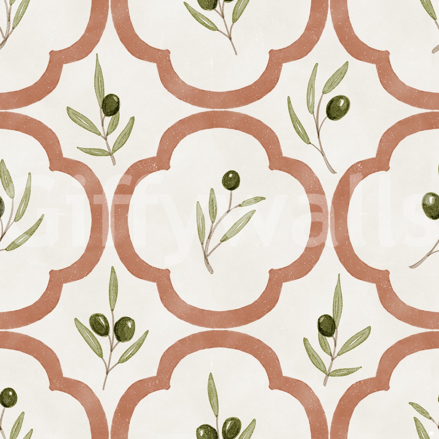 Olive branch pattern wallpaper with terracotta quatrefoil lines and soft texture