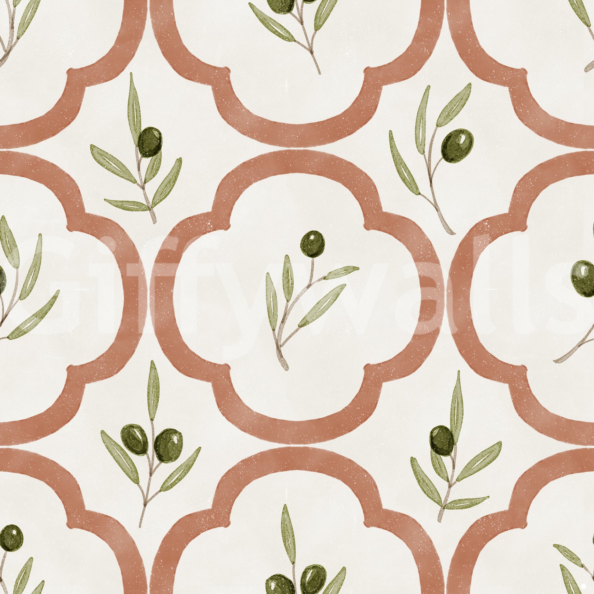 Olive branch pattern wallpaper with terracotta quatrefoil lines and soft texture
