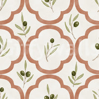 Olive branch pattern wallpaper with terracotta quatrefoil lines and soft texture
