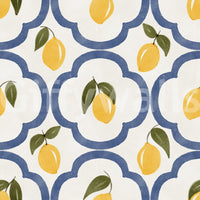 Lemon motif Mediterranean wallpaper with blue quatrefoil pattern and soft texture