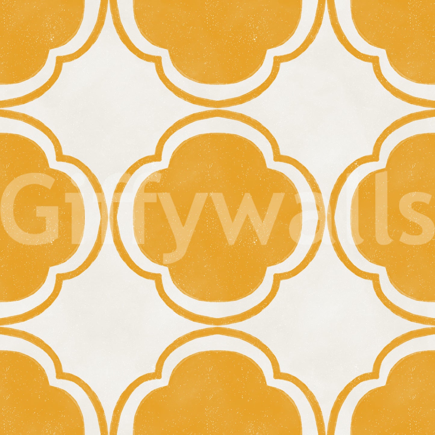 Yellow quatrefoil motif wallpaper with soft grain texture and curved pattern