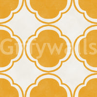 Yellow quatrefoil motif wallpaper with soft grain texture and curved pattern