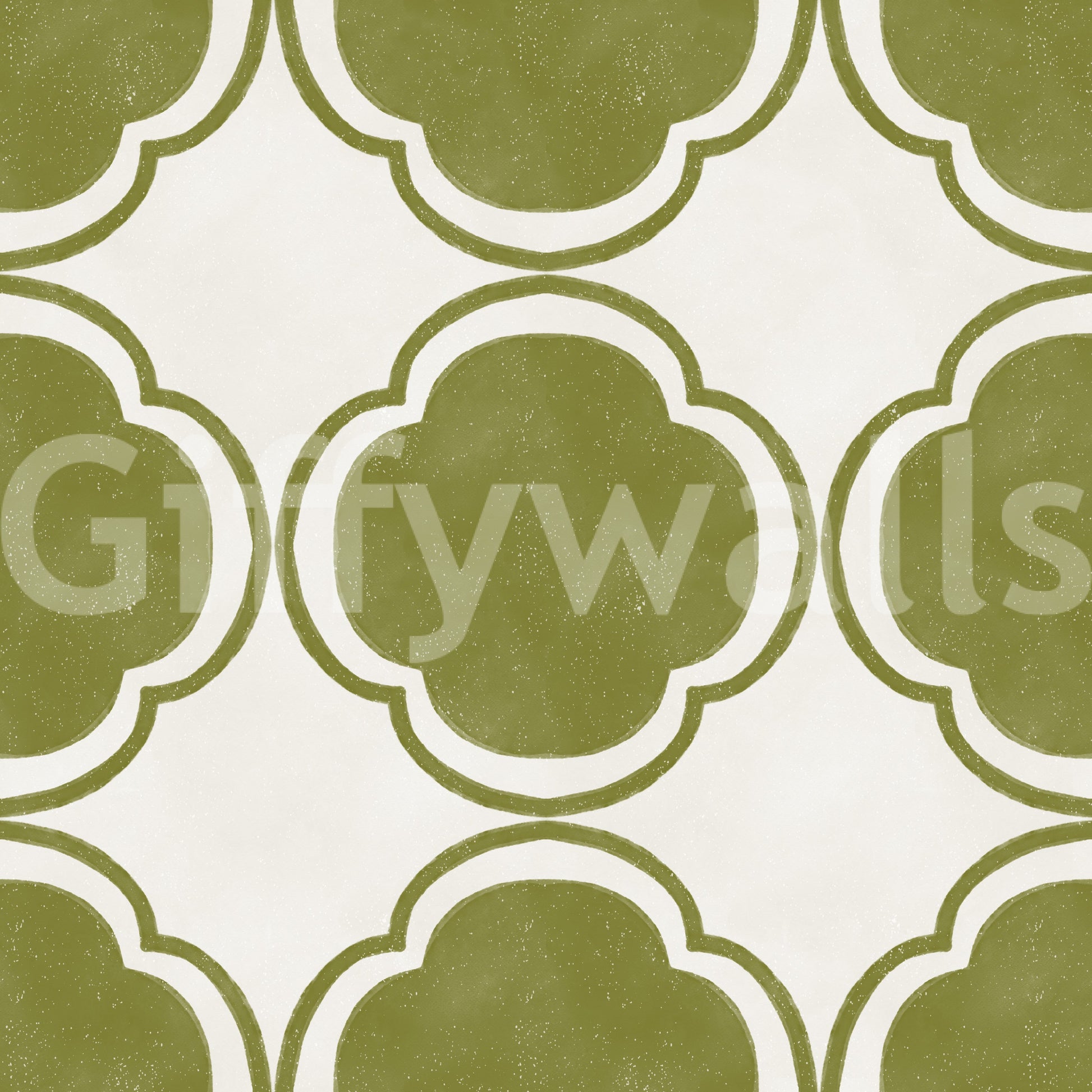 Olive green quatrefoil pattern wallpaper with soft textured surface finish