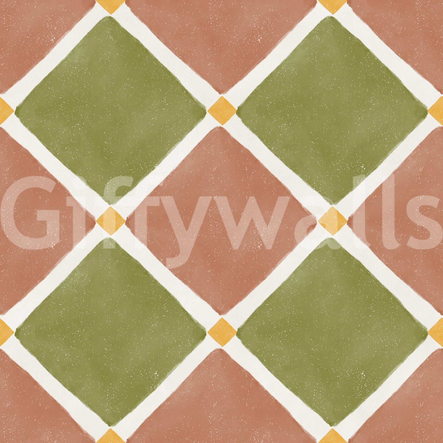 Terracotta olive wallpaper displays a rustic checkerboard pattern with white grid lines.