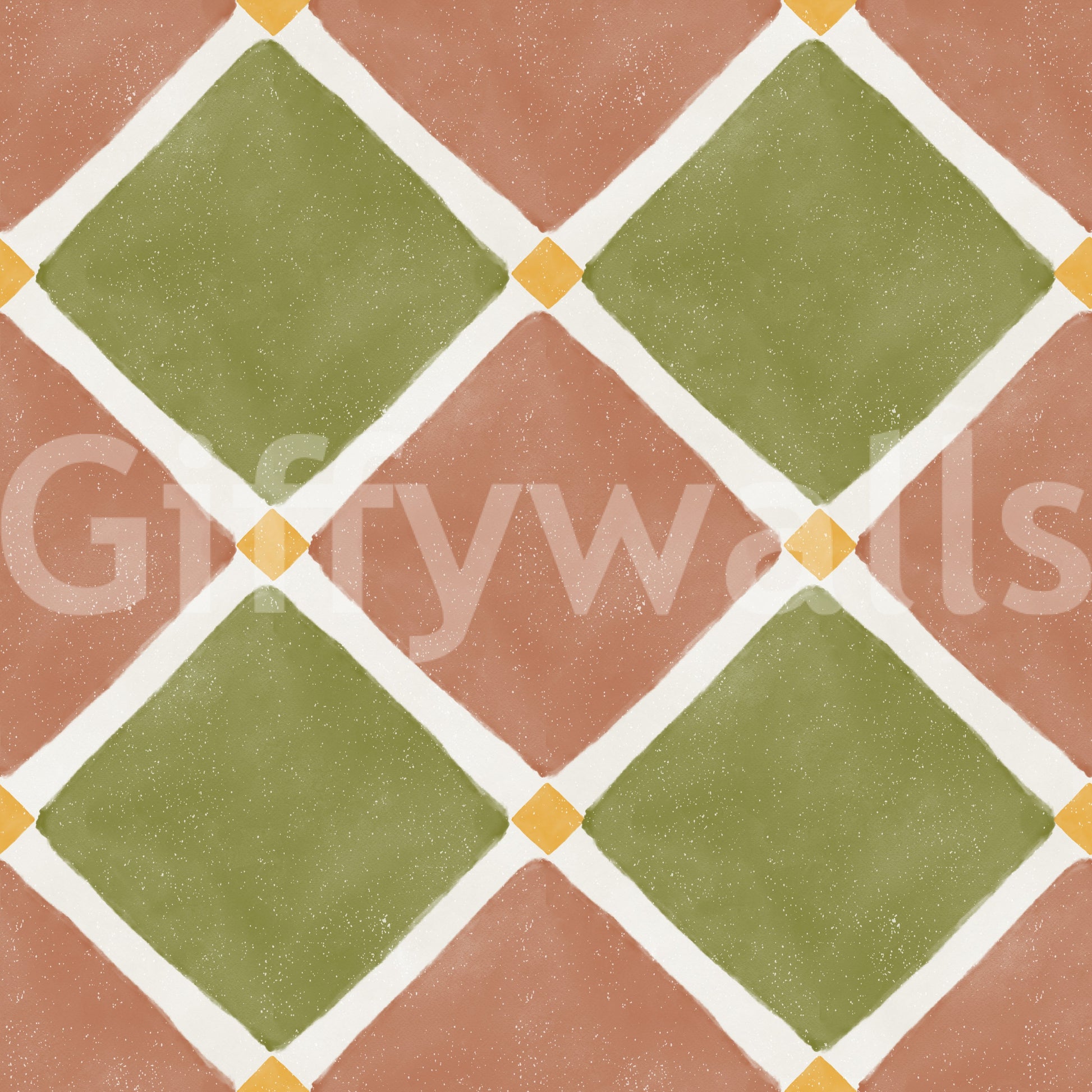 Terracotta olive wallpaper displays a rustic checkerboard pattern with white grid lines.