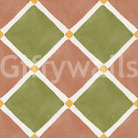 Terracotta olive wallpaper displays a rustic checkerboard pattern with white grid lines.