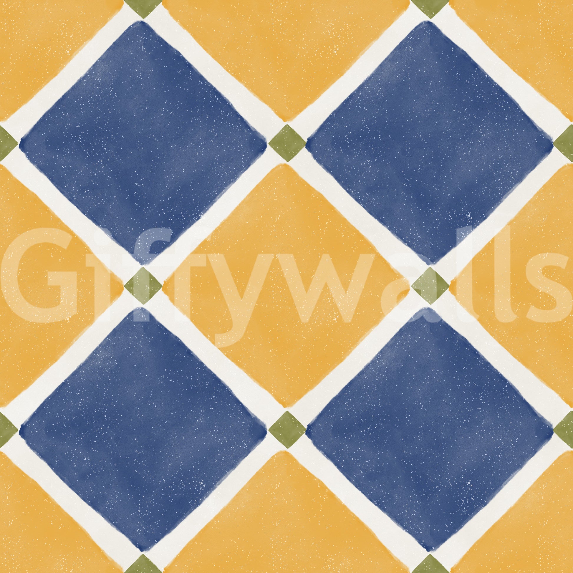 Mediterranean rustic checkerboard yellow blue wallpaper with aged texture finish