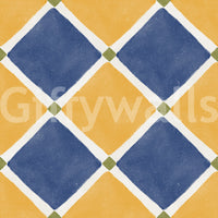 Mediterranean rustic checkerboard yellow blue wallpaper with aged texture finish